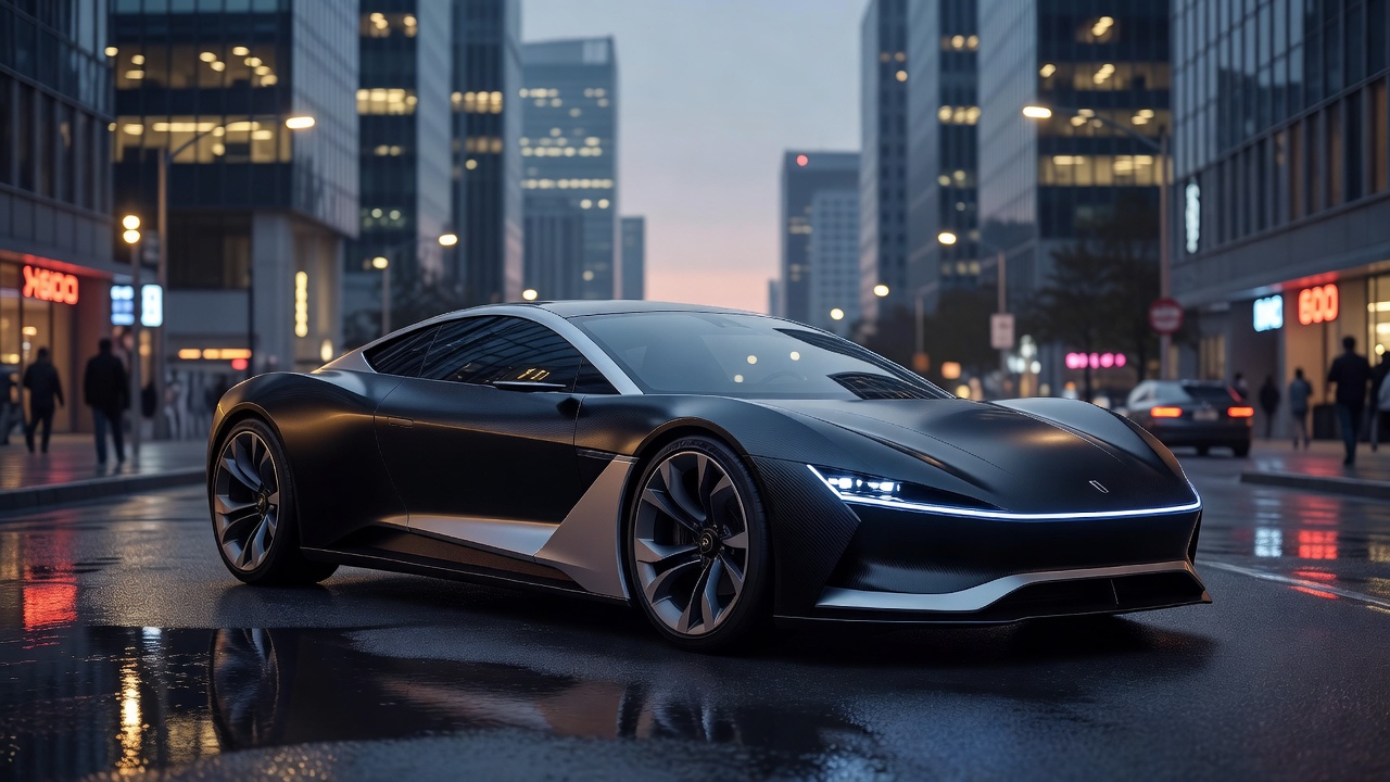 Aerodynamic electric vehicle parked on an urban street