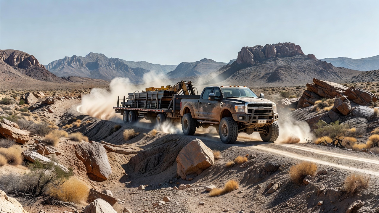 Heavy duty pickup truck towing a trailer through a rugged landscape