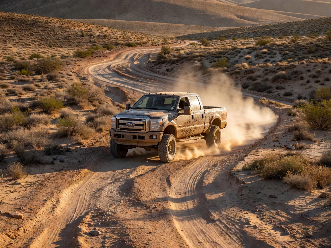 Large pickup truck navigating a dirt trail
