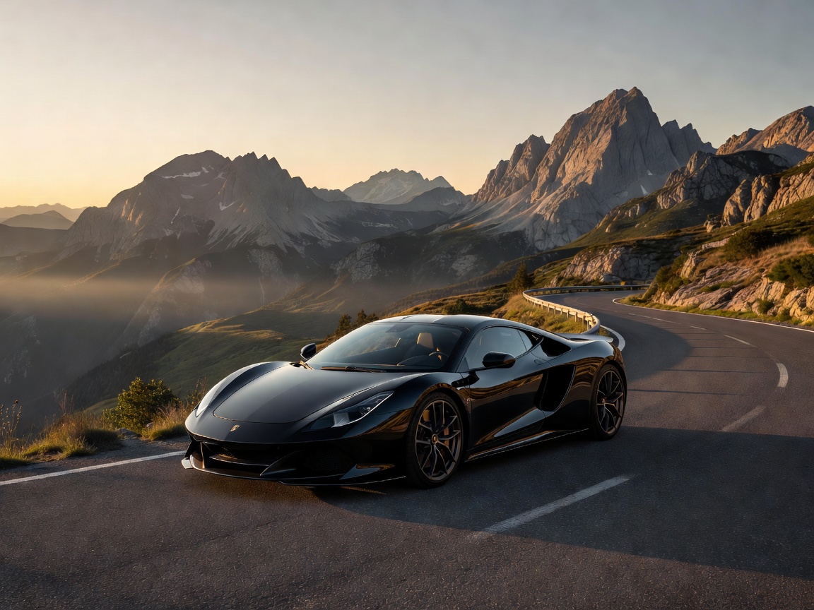 Sleek sports car parked on a scenic mountain road