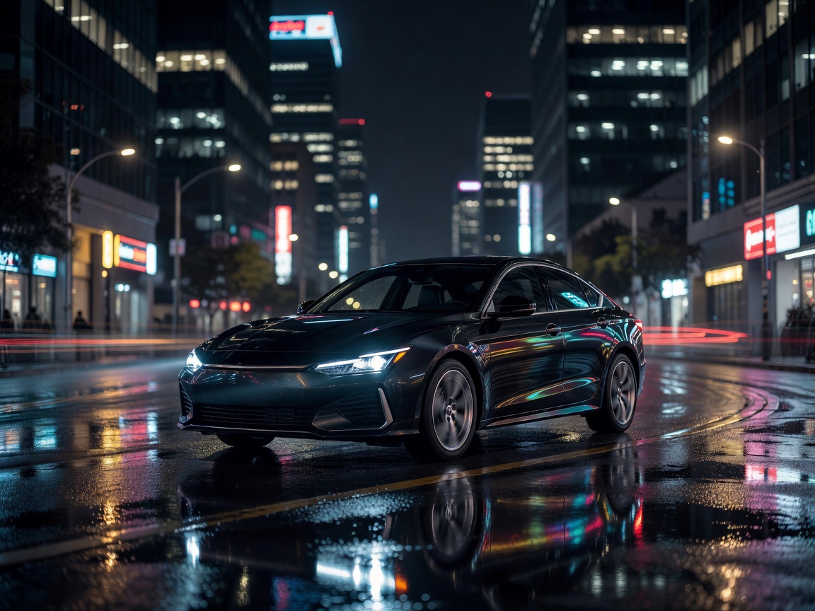 Sporty compact sedan on a city street at night