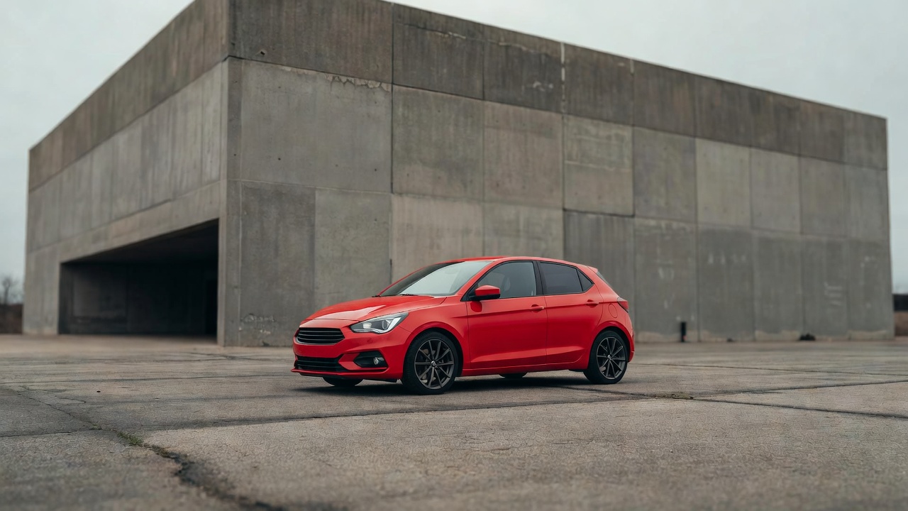 Sporty red compact hatchback parked in front of a concrete building