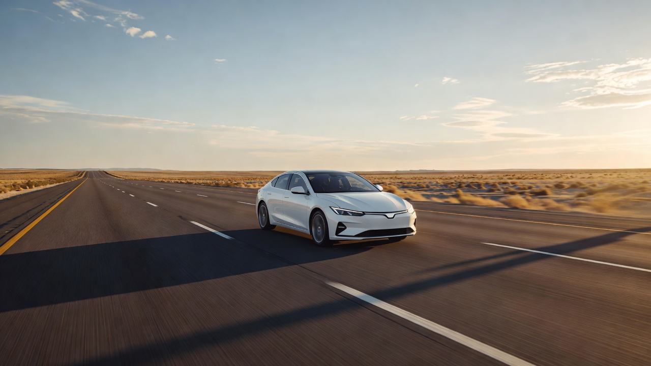 White compact sedan driving on an open highway